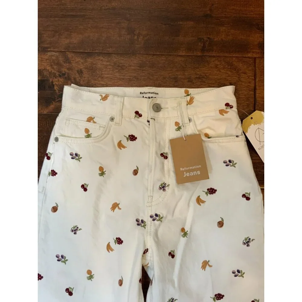 Reformation Vintage White Cynthia Fruitloops High Rise Straight Jeans, Sz 24 NWT - Picture 3 of 7